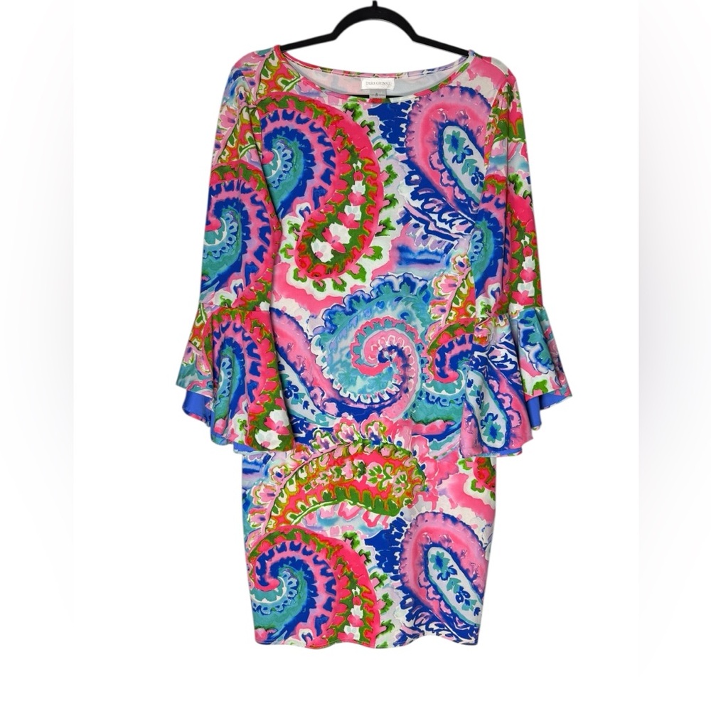 Tara Grinna Dress Medium Paisley Print Bell Sleeve Vibrant Mini Stretch Resort